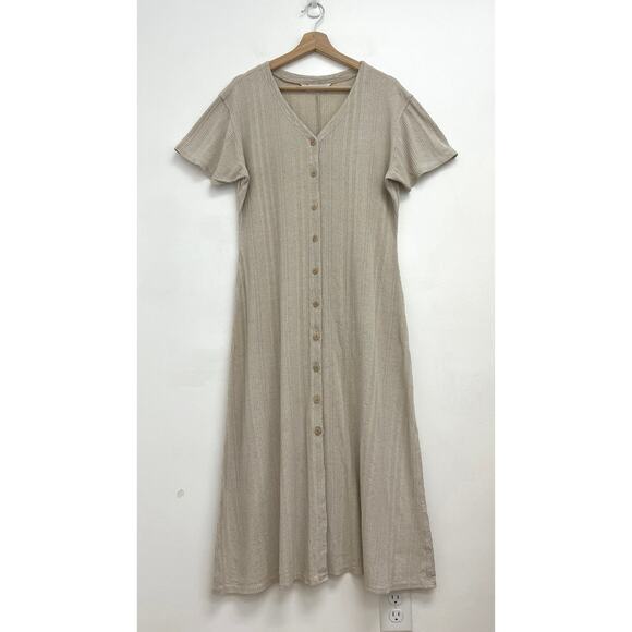 Vintage Express 90s Neutral Button Front Ribbed Knit V-Neck MIDI Dress - Large* - Picture 1 of 10